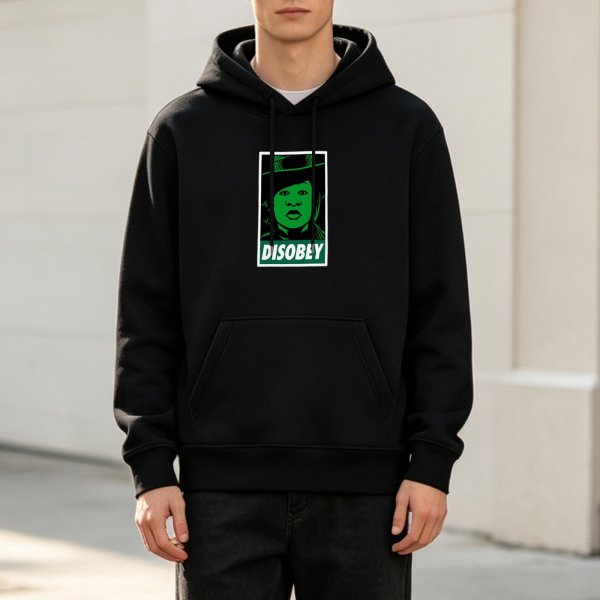 Black hoodie with green 'DISOBEY' portrait graphic print