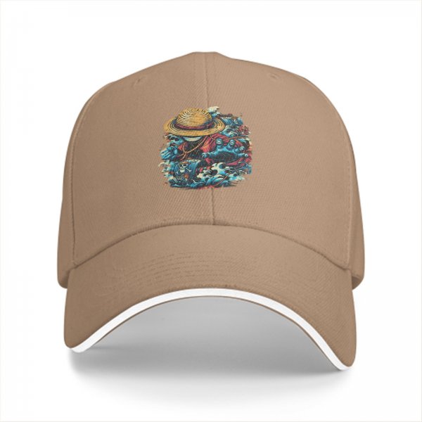 Black Baseball Cap with One Piece Straw Hat Pirate Graphic