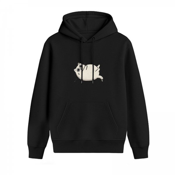 Black Hoodie With Cute Surprised White Cat Graphic