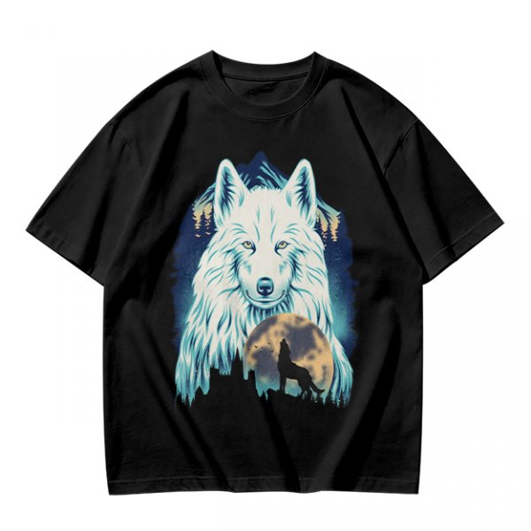 Olive T-Shirt With White Wolf And Howling Wolf Moon Graphic
