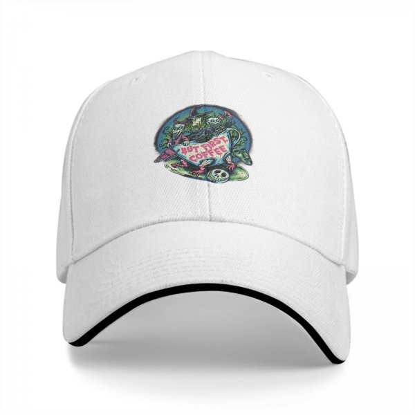 Black Baseball Cap With 'But First Coffee' Halloween Themed Print