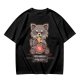 Olive t-shirt with a raccoon eating snacks and 'powered by pure spite and snackies' text
