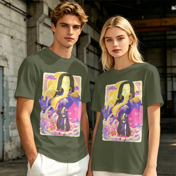 Oriental anime character graphic olive green casual t-shirt