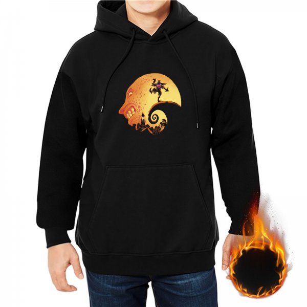 Black Hoodie with Halloween Moon Face Witch and Castle Art