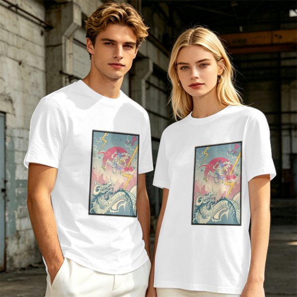 Olive T-shirt with Japanese style dragon and lightning graphic print