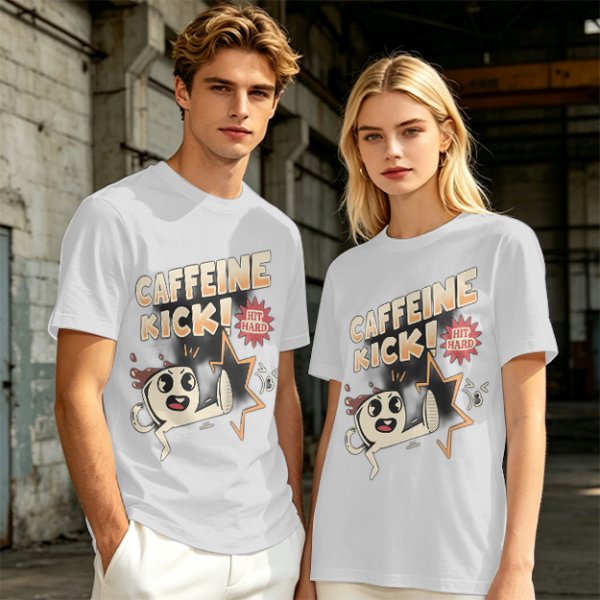 Olive graphic tee with caffeine kick cartoon coffee cup design