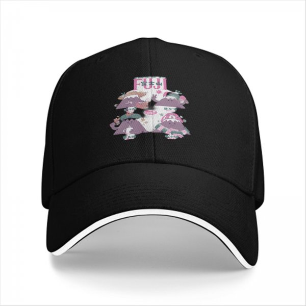 Black baseball cap with cute Mount Fuji character graphic design