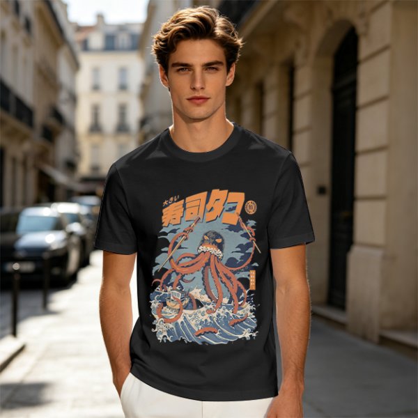 Japanese octopus sushi wave graphic t-shirt design