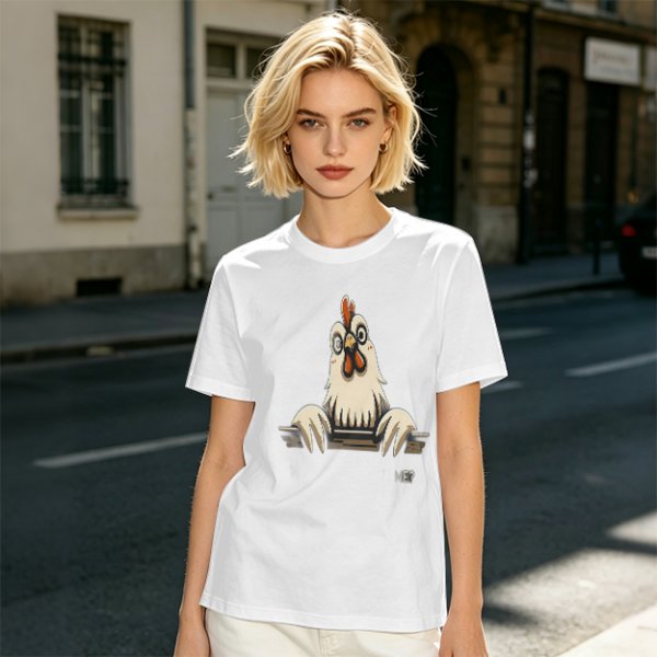 Olive T-Shirt With Surprised Peeking Chicken Graphic And Me? Text
