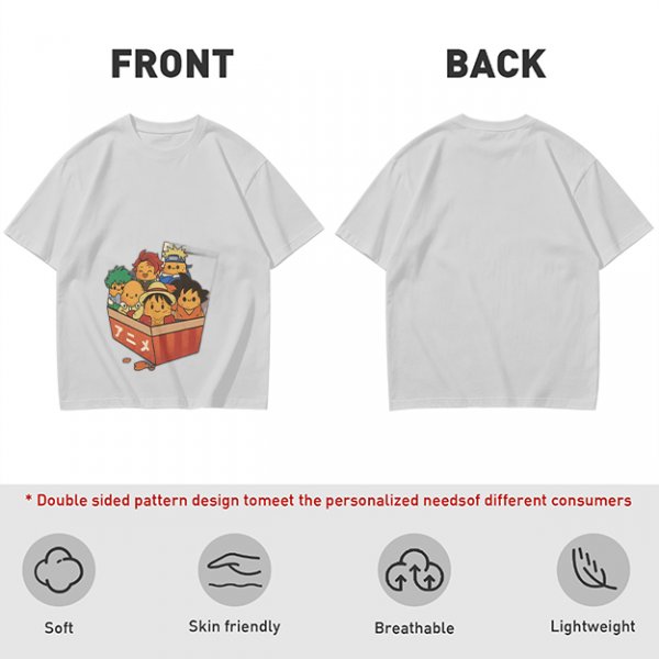 Olive T-shirt with Chibi Anime Characters in Takeout Box