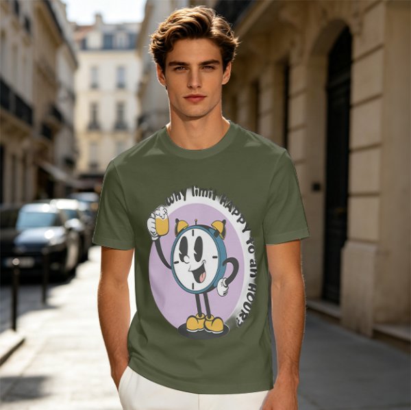 Olive T-Shirt With Cartoon Clock Holding Beer 'Happy Hour' Print
