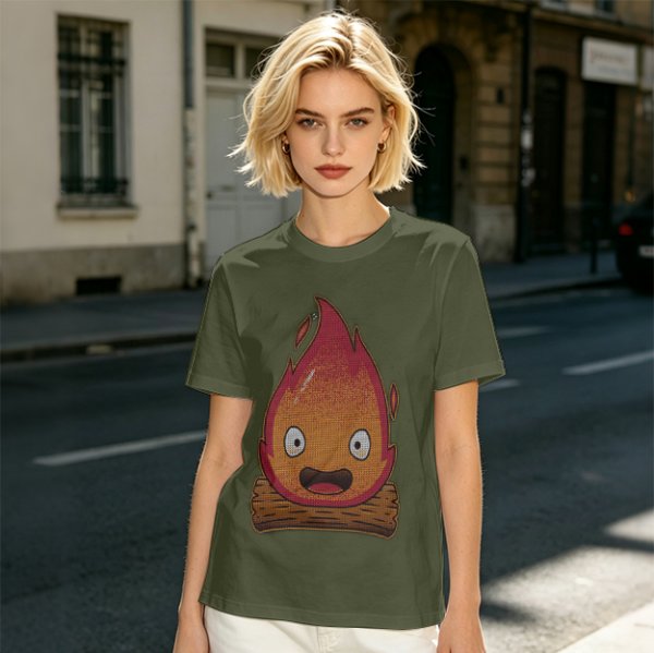 Olive T-Shirt With Cute Calcifer Fire Demon Print
