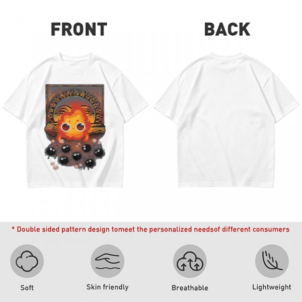 Olive t-shirt with Calcifer and soot sprites graphic print