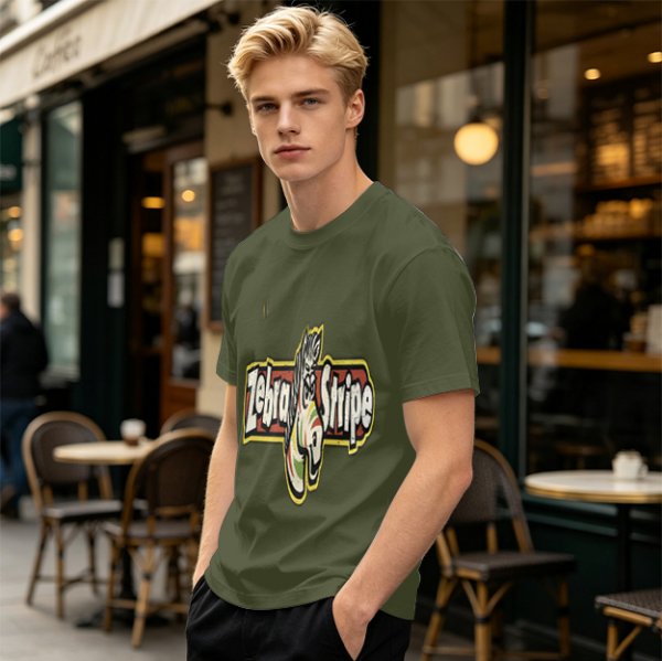 Olive green graphic t-shirt with zebra stripe design