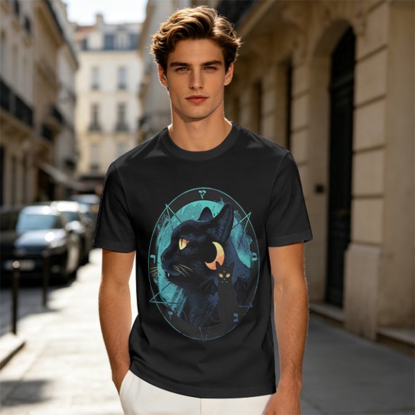 Olive T-Shirt With Black Cat And Crescent Moon Graphic