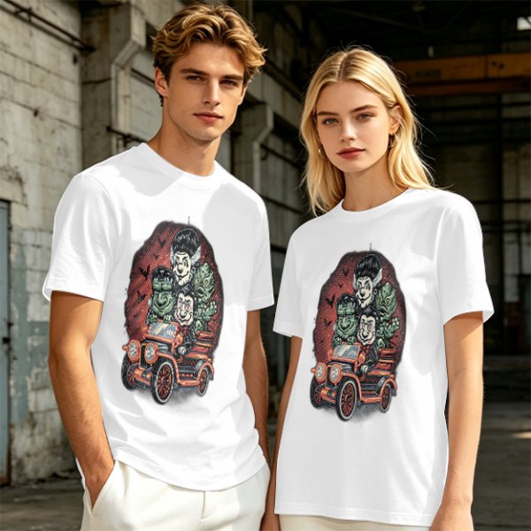 Halloween Monster Characters Driving Vintage Car Graphic T-Shirt