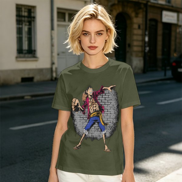 Olive T-Shirt with Monkey D Luffy Breaking Through Brick Wall Art