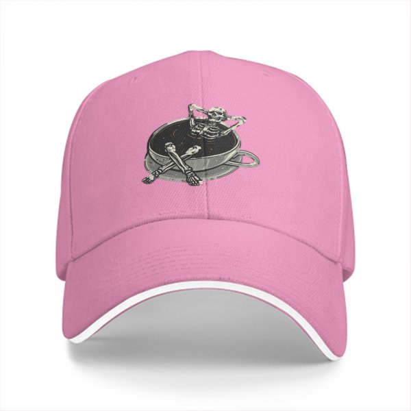 Black baseball cap with skeleton relaxing in coffee cup graphic