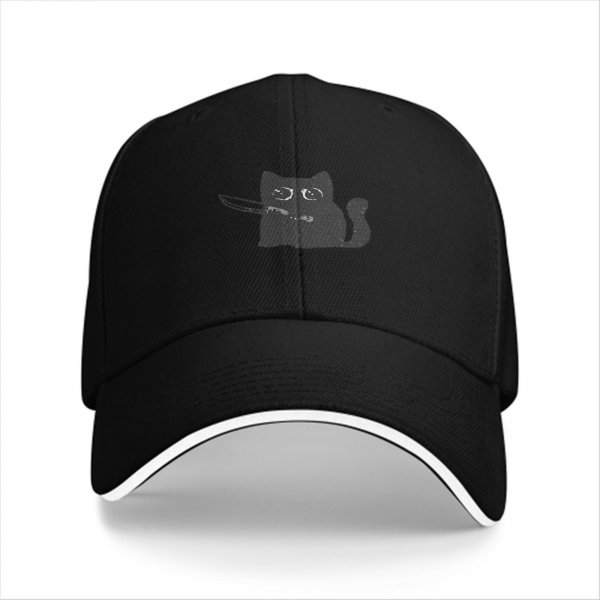 Black baseball cap with a cartoon cat holding a knife graphic