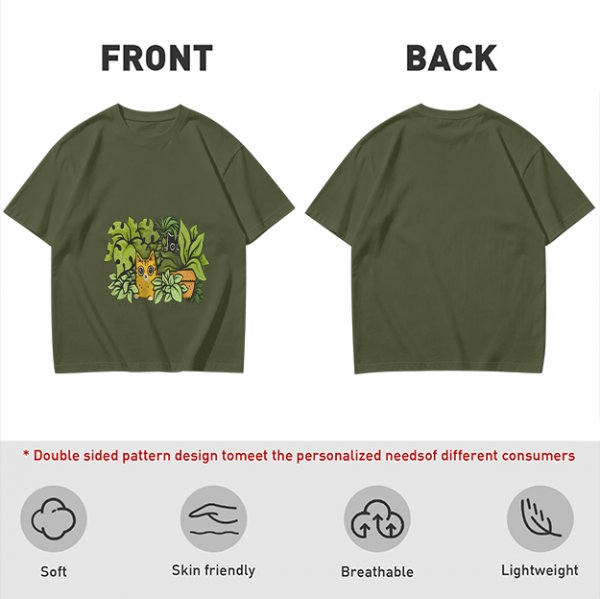 Olive T-Shirt With Playful Cat And House Plants Graphic