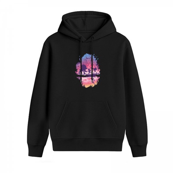 Black hoodie with colorful fantasy creature and traveler silhouette print