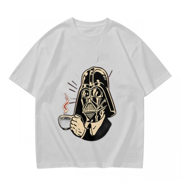 Olive T-shirt with Darth Vader holding a steaming coffee cup