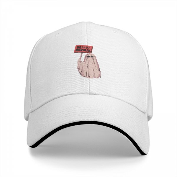 Black baseball cap with a ghost holding a 'Be Paranormal' sign