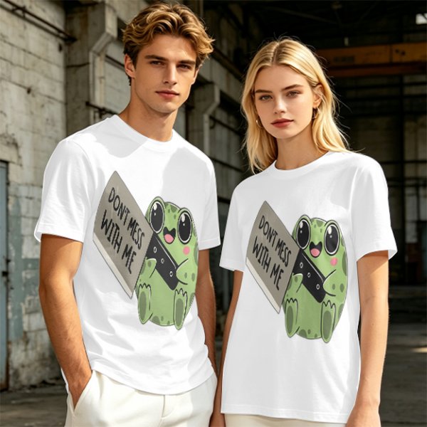 Olive t-shirt with cute frog holding knife and 'Don't mess with me' text