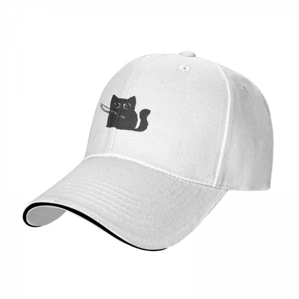 Black baseball cap with a cartoon cat holding a knife graphic