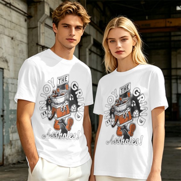 Olive graphic t-shirt with 'Enjoy the grind Assholes' coffee grinder mascot print