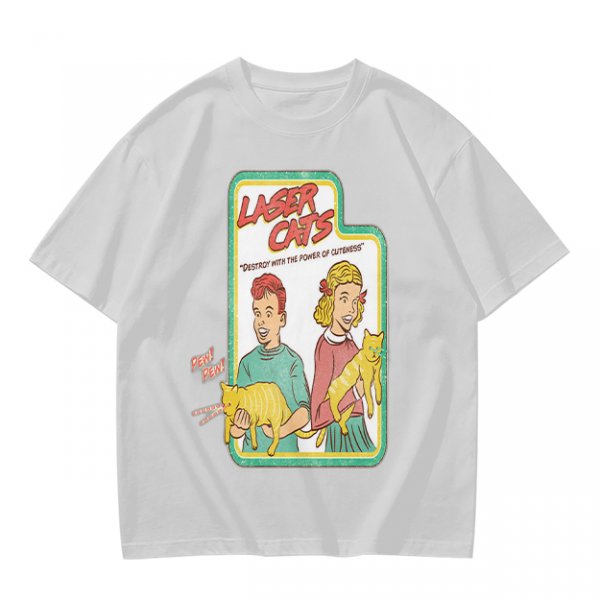 Olive graphic tee with Laser Cats retro comic print of kids holding laser cats