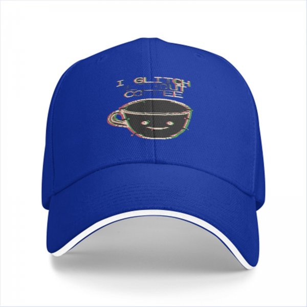 Black baseball cap with glitch coffee cup and 'I Glitch About Coffee' text