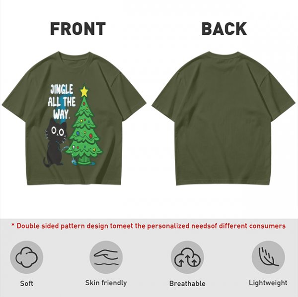 Olive Christmas Cat T-Shirt with Jingle All The Way Print