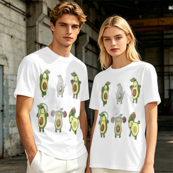 Olive Green T-Shirt with Cartoon Avocado Fitness Characters Print
