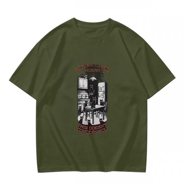 Olive t-shirt with cat kitchen graphic and 'Return to bed human' text
