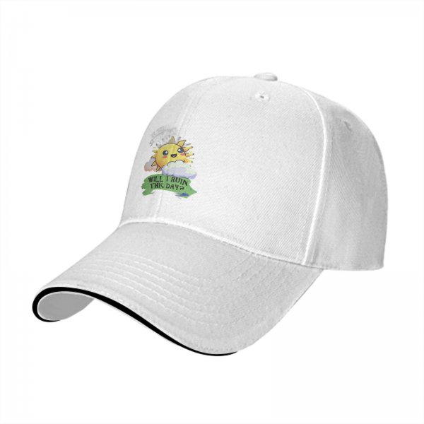 Black baseball cap with cute sun graphic and 'Will I Ruin This Day?' text