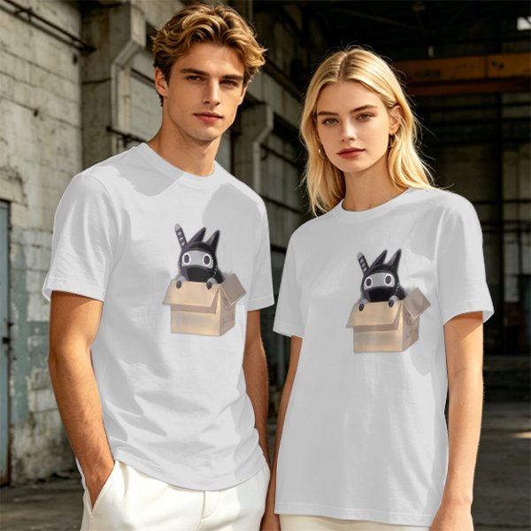 Olive Green T-Shirt With Ninja Cat In Cardboard Box Graphic
