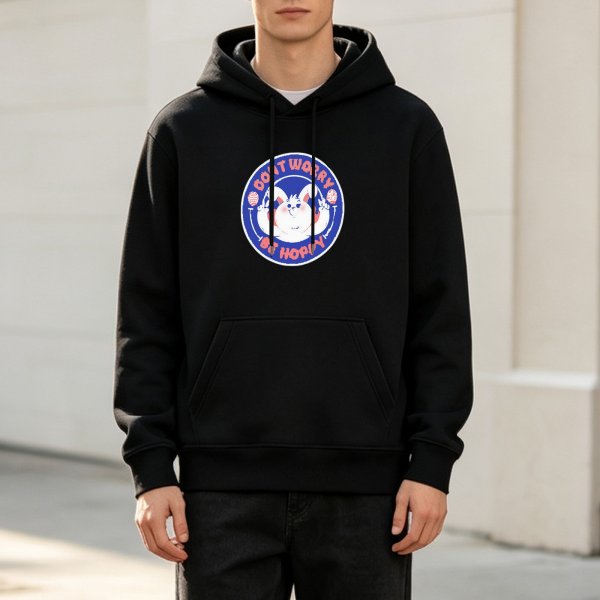 Black hoodie with 'Don't Worry Be Hoppy' bunny graphic