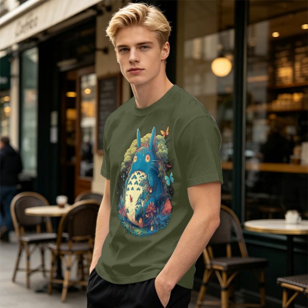 Olive T-Shirt with Whimsical Forest Spirit and Butterfly Print