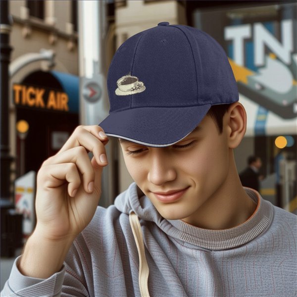 Black Baseball Cap With Coffee Cup And Cookies Graphic