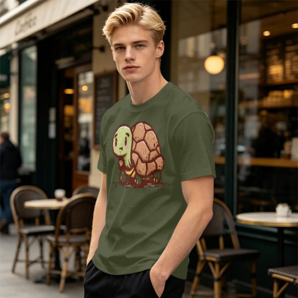 Olive Green T-Shirt With Cute Cartoon Turtle Graphic