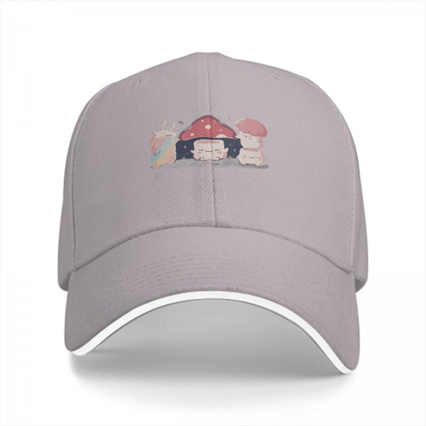 Black baseball cap with cute mushroom creature graphic print
