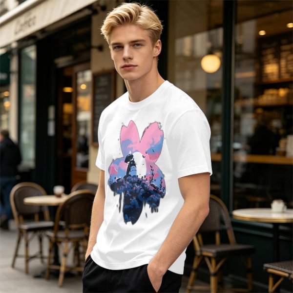 Olive T-Shirt with Sakura Flower and Whimsical Forest Creature Print