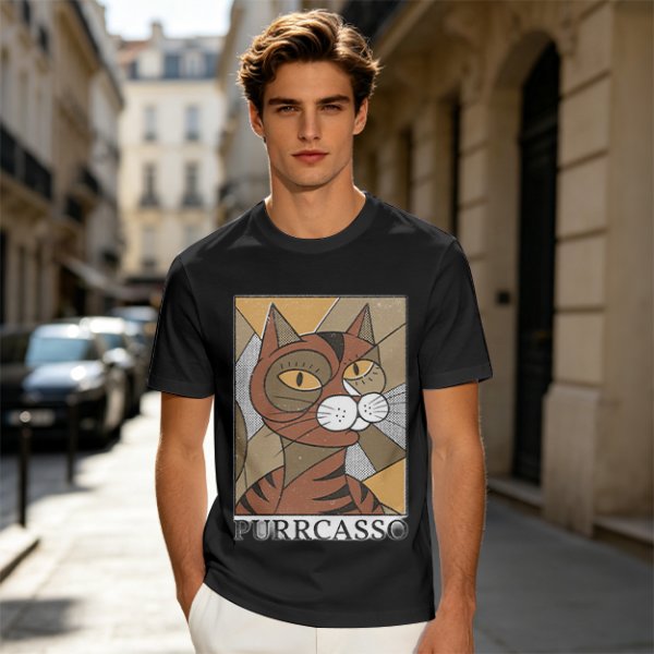 Olive green t-shirt with cubist style cat print and Purrcasso text