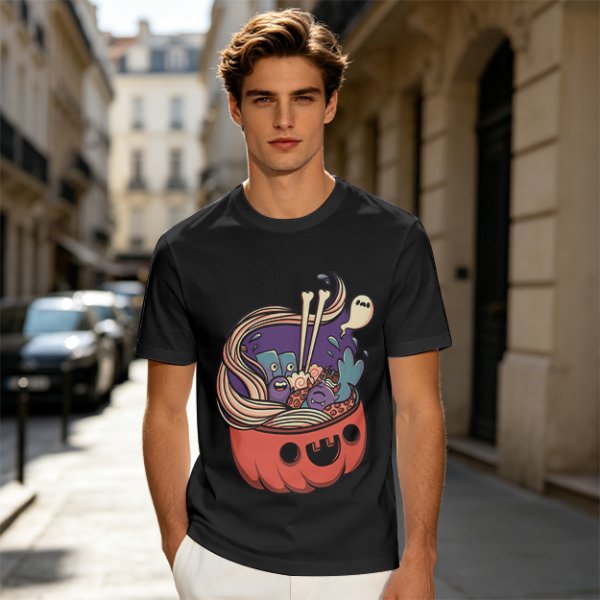 Halloween pumpkin ramen bowl with cute monster graphic t-shirt