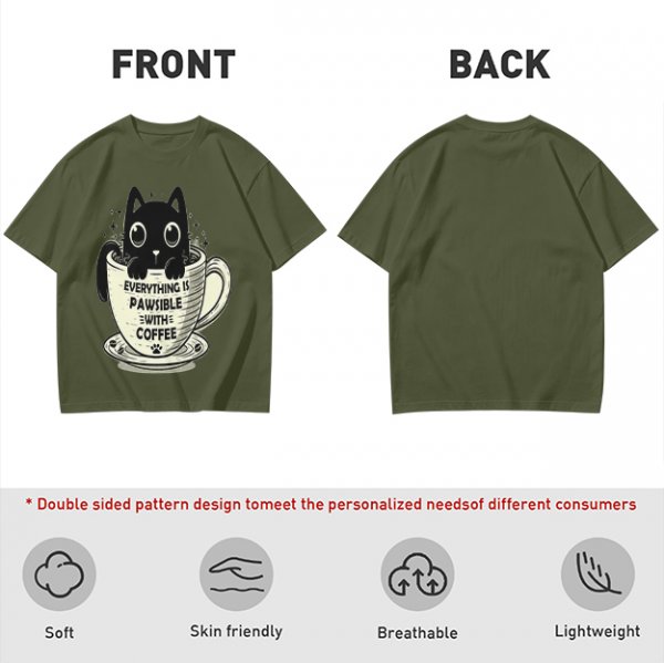 Olive T-Shirt With Black Cat In Coffee Cup 'Everything Is Pawsible With Coffee' Print