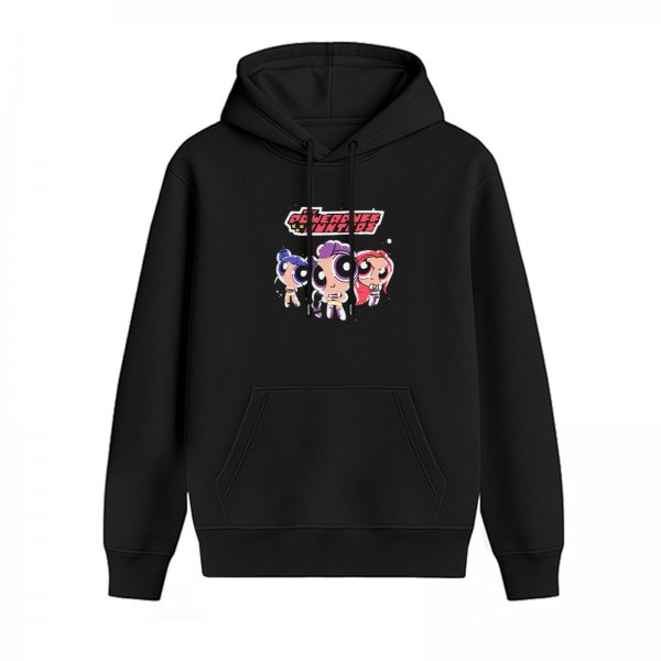 Black hoodie with Powerpuff Girls style cartoon graphic print