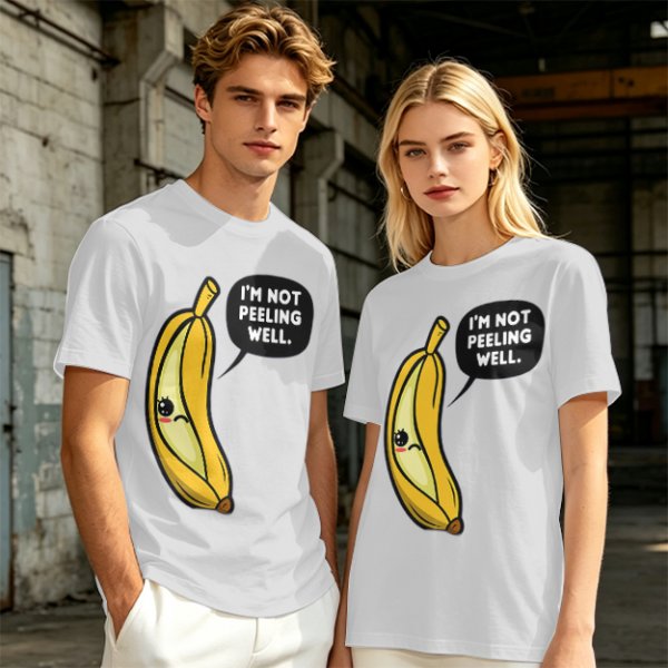 Olive T-shirt with sad banana graphic reading I'm not peeling well