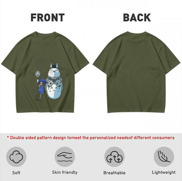 Olive T-Shirt with Mech Totoro and Girl at Bus Stop Print