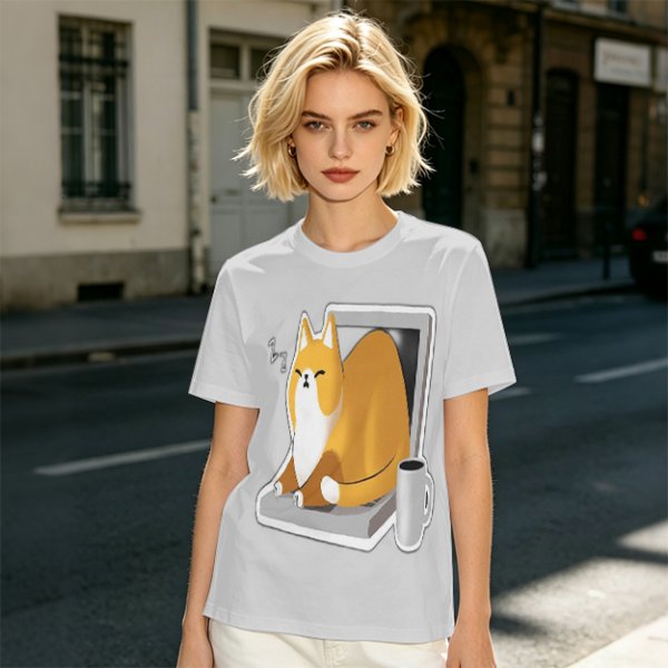 Olive T-Shirt with a Sleeping Cat on a Laptop Print